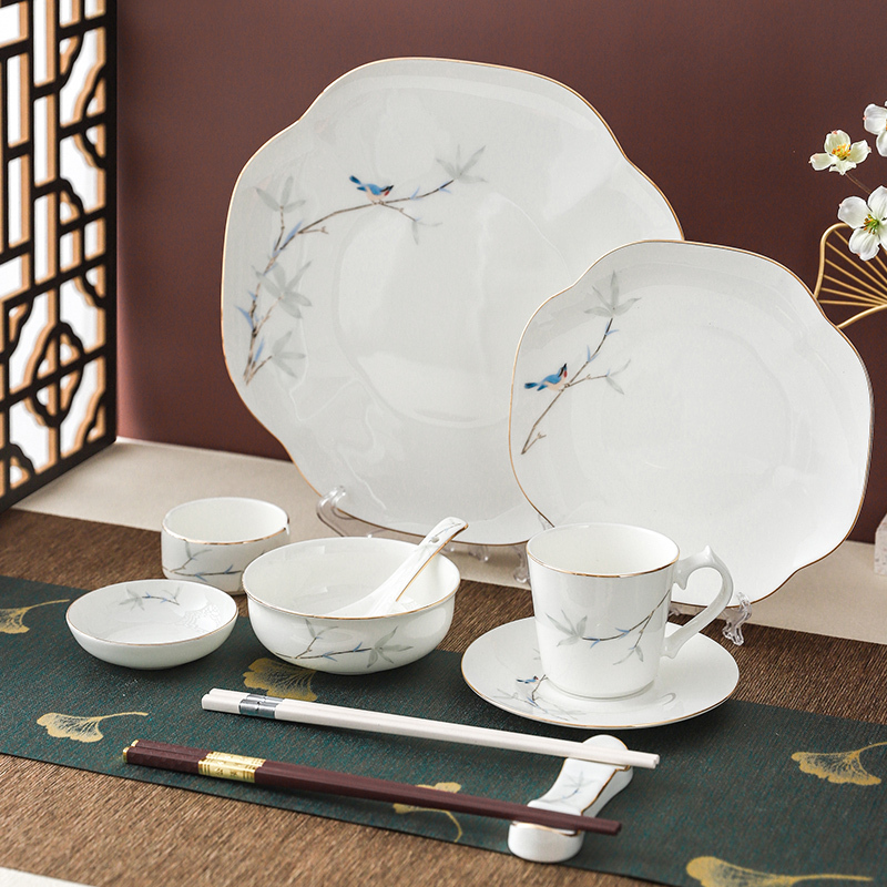 New Chinese-Style Gold-Rimmed Bone China Dinnerware Set for Hotels and Private Rooms, Bowl and Plate Combination Three-Piece Set, Custom Wholesale