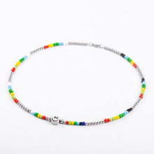 跨境新品 日韩网红小众复古波西米亚风钛钢彩虹琉璃串珠笑脸项链
