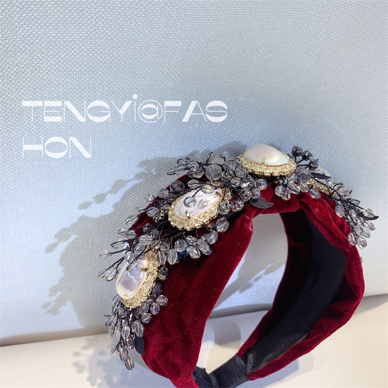 Korean-Style Lady Handmade Matte Beaded Elegant High-End Wide Gemstone Headband Retro Hair Accessory