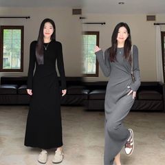 法式灰色长袖连衣裙子女秋冬季2025新款修身显瘦打底气质包臀长裙