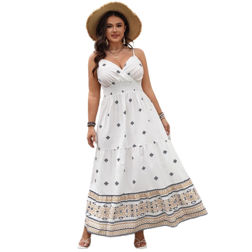 Estación independiente transfronteriza Vestido europeo y americano Ropa de mujer Primavera/Verano 2025 Vestido de tirantes de cintura con estampado de temperamento de comercio exterior