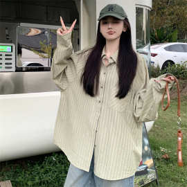 大码女装春夏新款浅绿条纹插肩袖衬衫女宽松设计感抗皱易打理衬衣