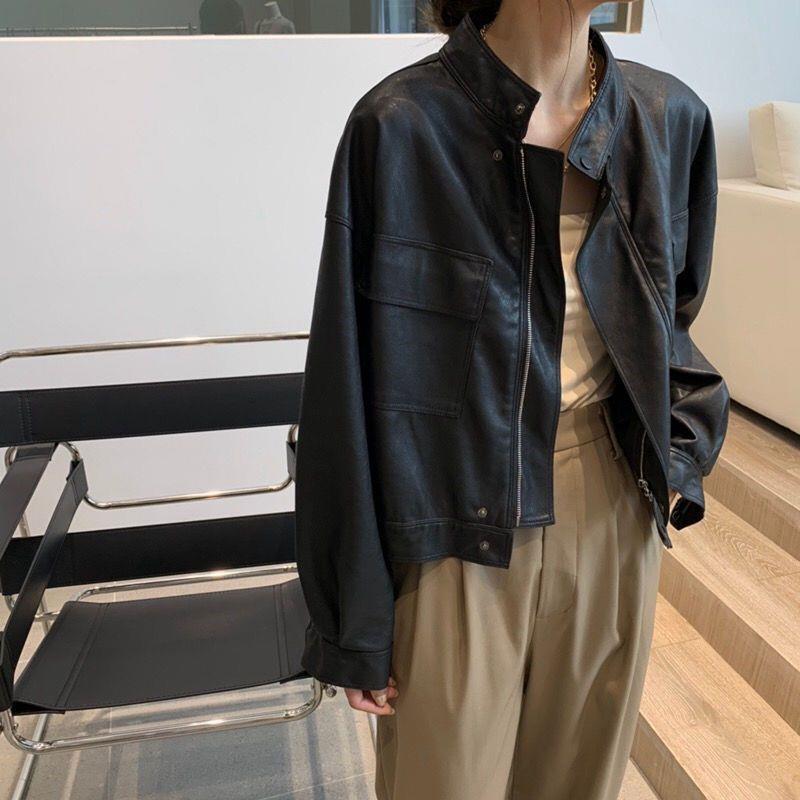 春秋季新品韩版立领帅气PU皮夹克口袋机车好品质短款皮衣外套女|undefined