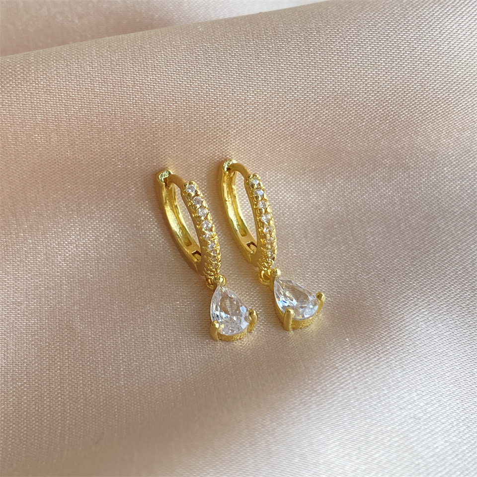 Cross-border copper-plated real gold luxury zircon earrings, European and American INS style geometric water drop ear clasps, high-end earrings wholesale