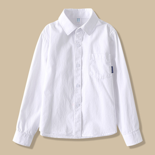 Spring and Autumn Unironed White Shirt for Boys, Long Sleeve, Pure Cotton, Primary School Uniform, Children's Performance Costume, White Shirt for Girls