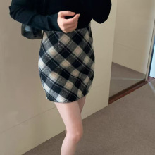 萝卜大叔复古格子毛呢半身裙女秋冬季新款高腰显瘦洋气字包臀短裙