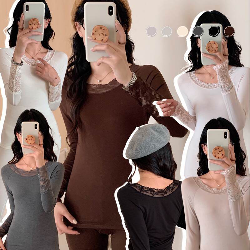 2025 Autumn/Winter Camellia Oil Lace Trim Round Neck Thermal Underwear Set Comfortable Slimming Base Layer Thermal Underwear