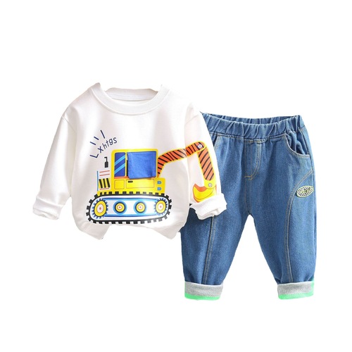 Autumn Children's Set  Fashion Blue Denim Excavator Cute Print Long-Sleeve Long Pants Set Wholesale