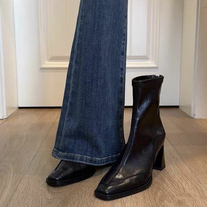 Korean Style High-Heeled Square-Toe Slim Boots, Short Boots for Women, Thick-Heeled Retro Martin Boots, British Style Short Boots