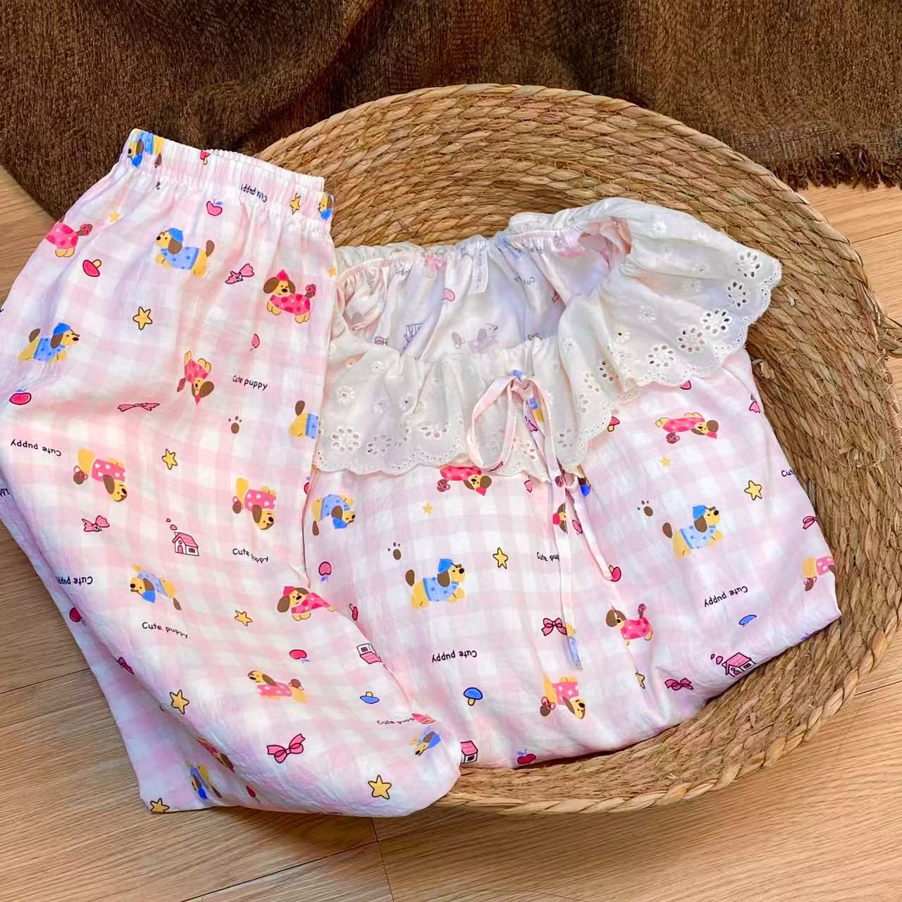 Al por mayor transfronterizo explosión con cojín de pecho primavera y otoño dulce nubes algodón pantalones de manga larga pijamas de niñas estudiantes set de ropa para el hogar