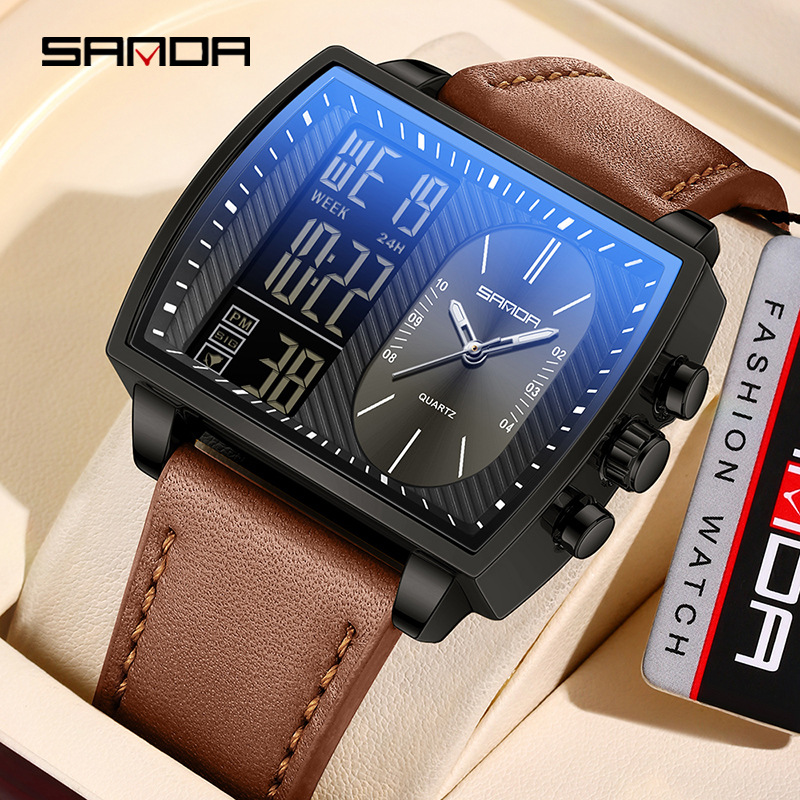 SANDA SANDA 6163 nuevo reloj electrónico de moda doble pantalla multifuncional reloj de hombre impermeable calendario de luz nocturna reloj de hombre