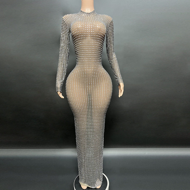 Vêtements pour femmes Novans Spring New Sparkling White Diamond Élégante fente dans le dos Longue longueur au sol Robe de soirée noire slim_voghion.com
