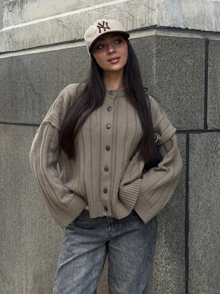 Áo cardigan len dệt kim cổ tròn dáng rộng tay dài nữ — màu vàng, màu xám nhạt chi tiết 25