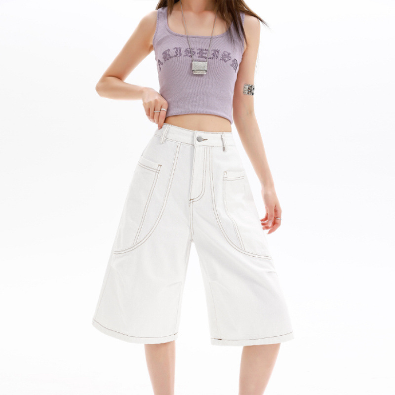 Blanco recto cinco pantalones cortos de vaqueros de mujer nuevo diseño de línea clara sensación de cintura alta suelta delgada pantalones de piernas anchas