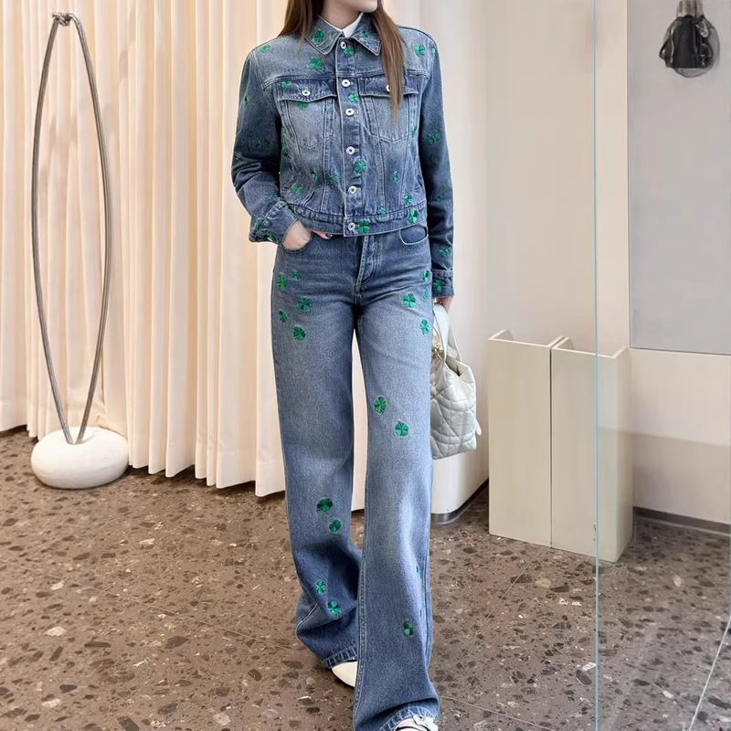 Nanyou High-End Women's Clothing DD Daily Casual Versatile Four-Leaf Clover Embroidery High-Waisted Straight Washed Jeans for Summer