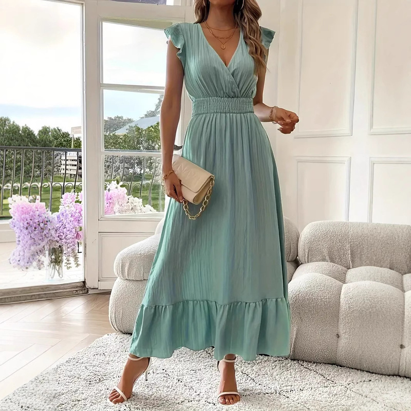 2025 European and American Cross-Border Amazon New Women's Long Summer Solid Color Vacation V-Neck Ruffle Short-Sleeve Dress