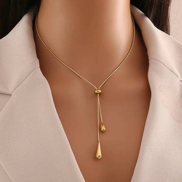 European and American Cross-Border New Style, Stylish, Simple, Water Drop Pendant, Titanium Steel Necklace, Women's Long Pull-Out Exquisite Jewelry