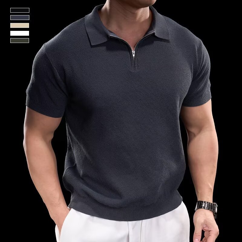 Camisa POLO, solapa, suéter de manga corta, media cremallera para hombre, fitness, músculo, delgado, tendencia empresarial, comercio exterior transfronterizo al por mayor
