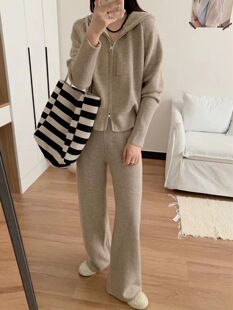 Knitted sweatshirt for leisure, autumn demi-season set, hoody with zipper, cardigan, shirt