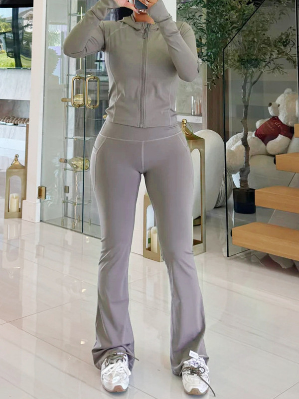 S391390 跨境休闲灰色高弹力连帽拉链上衣修身长裤运动女士套装|undefined
