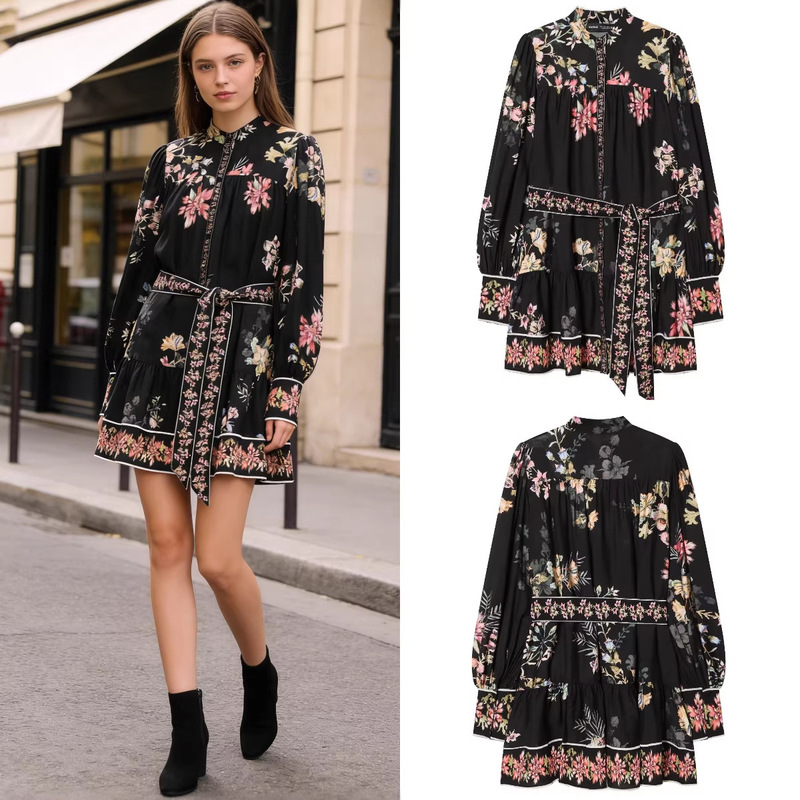 Z Brand Foreign Trade Cross-Border European and American Style Women's Clothing, New Spring Collection, Waist-Tie Shirt-Style Dress with a Festive Chinese New Year Vibe Ys