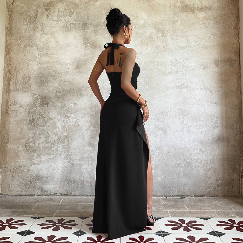 Halter Neck Long Dress Elegant Tie Up Bust Ruffle Slit Design Fashionable Dress_ecoleips.com