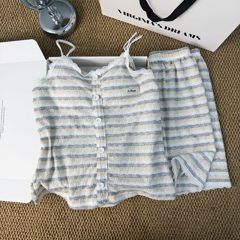 Pijamas transfronterizos de verano de mujer con cojín de pecho sexy pantalones cortos de cinturón puros de estilo delgado a rayas sin mangas set de ropa de casa