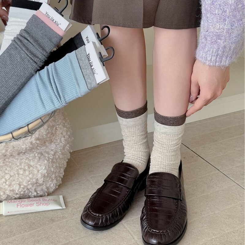 撞色双罗口长绒棉袜子女ins风韩版秋冬中筒袜简约百搭无骨堆堆袜|undefined