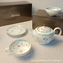 日本Noritake則武花更紗骨瓷茶壺茶杯碟一壺兩杯碟茶具套裝送禮品