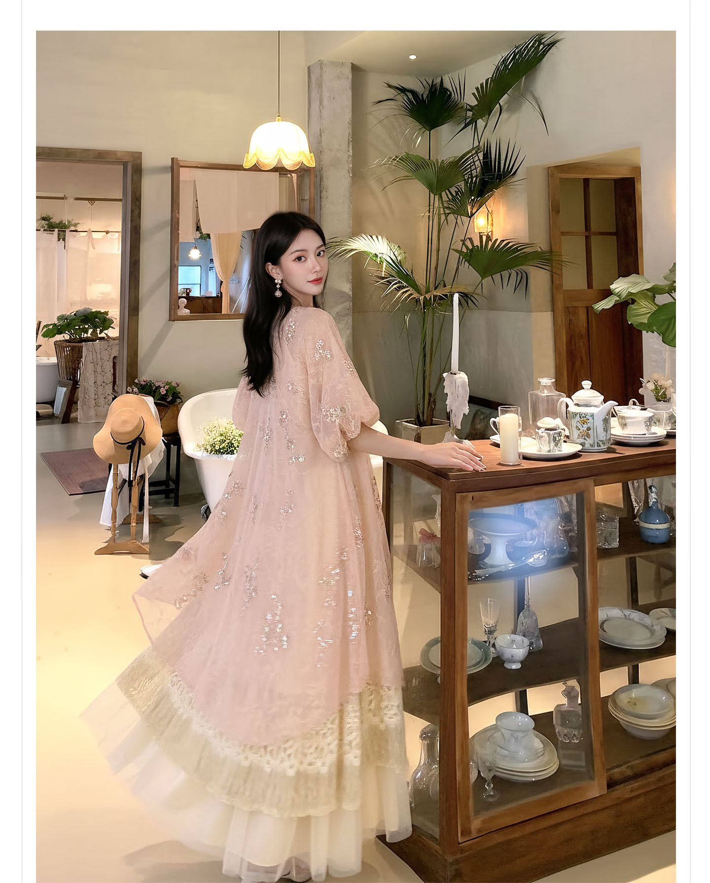 Đầm maxi nữ thắt eo họa tiết hoa thêu phong cách tân cổ điển hai dây — màu hồng chi tiết 11