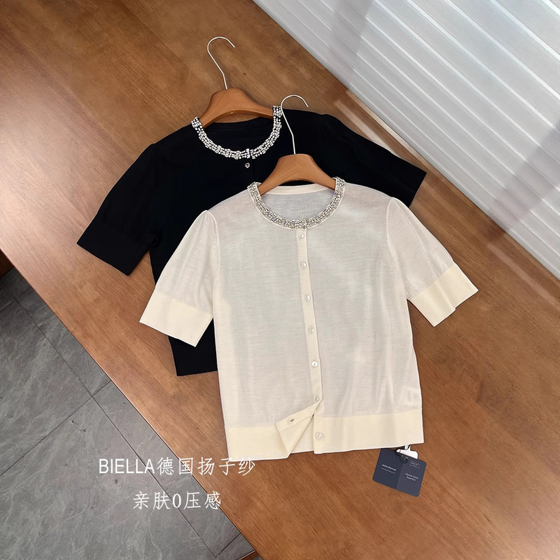 Zhengqite Clothing/Yangzi Yarn 18-Gauge Fine-Spun Wool Round-Neck Short-Sleeve Knit Cardigan for Women, Summer Thin Style Zhengqite Clothing/Yangzi Yarn 18-Gauge Fine-Spun Wool Round-Neck Short-Sleeve Knit Cardigan for Women, Summer Thin Style