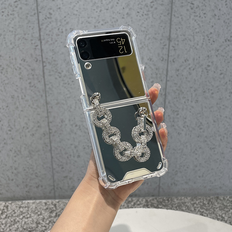 Makeup Mirror Suitable for Samsung Zflip7 Mobile Phone Case Foldable Screen Zflip6/5 Rhinestone Ring Buckle Protective Cover for Women