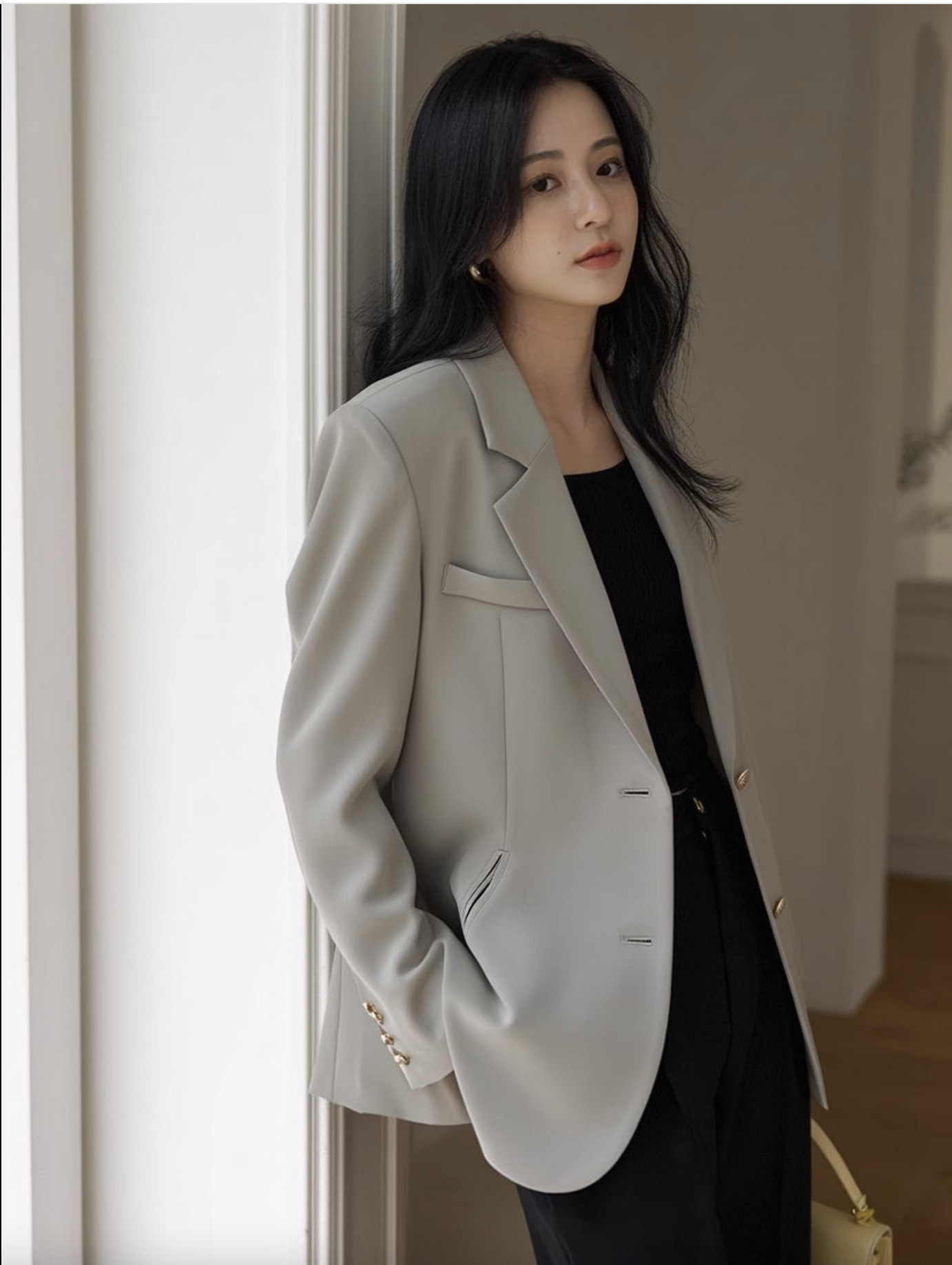 グレーの女性用スーツジャケット、高級感のある2026年春秋新作、韓国風、女神のような気質、高級カジュアルスーツジャケット