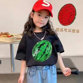 纯棉中大童西瓜亮片短袖t恤女童夏装宽松翻转珠片儿童上衣小童