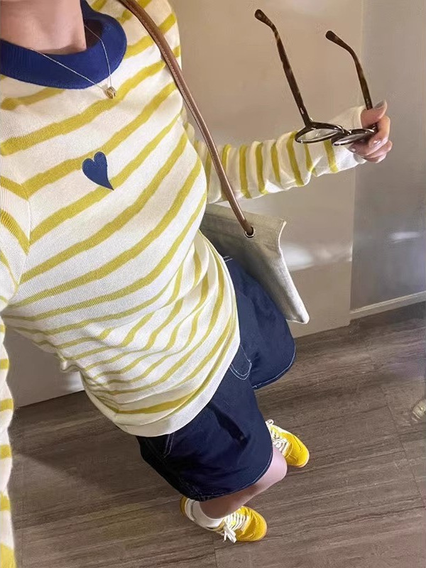 黄色条纹正肩内搭打底衫上衣女春秋季短款修身小个子针织长袖t恤|undefined