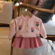 女童毛衣套裙新款女宝一枝花针织开衫两件套女孩洋甜美韩版毛衣裙