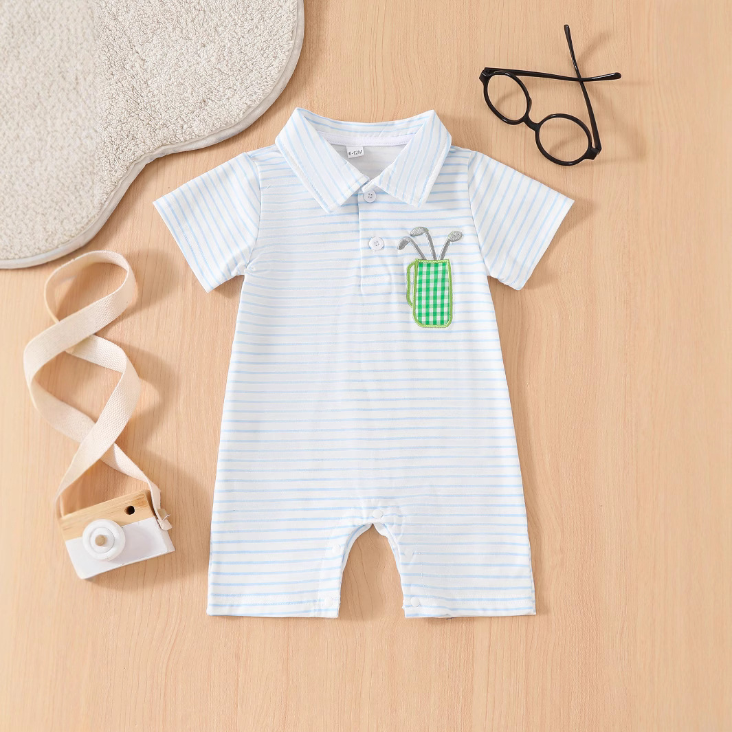 Summer Boy's Boxer Jumpsuit Golf Embroidered Pattern Striped