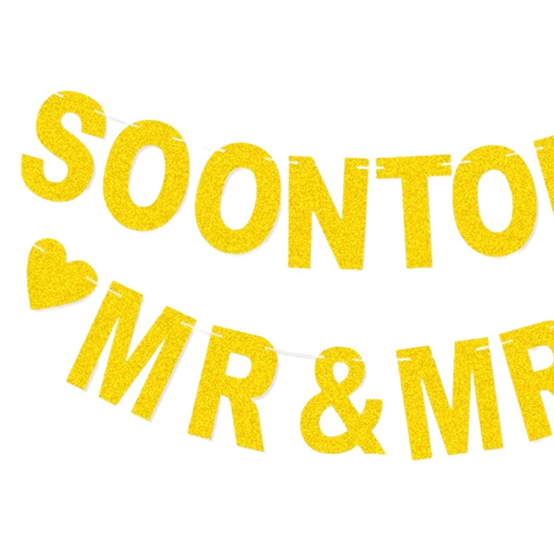 Boda boda europea y americana boda cadena bandera oro fiesta decoración brillo guirnalda soontobe Mr Mrs