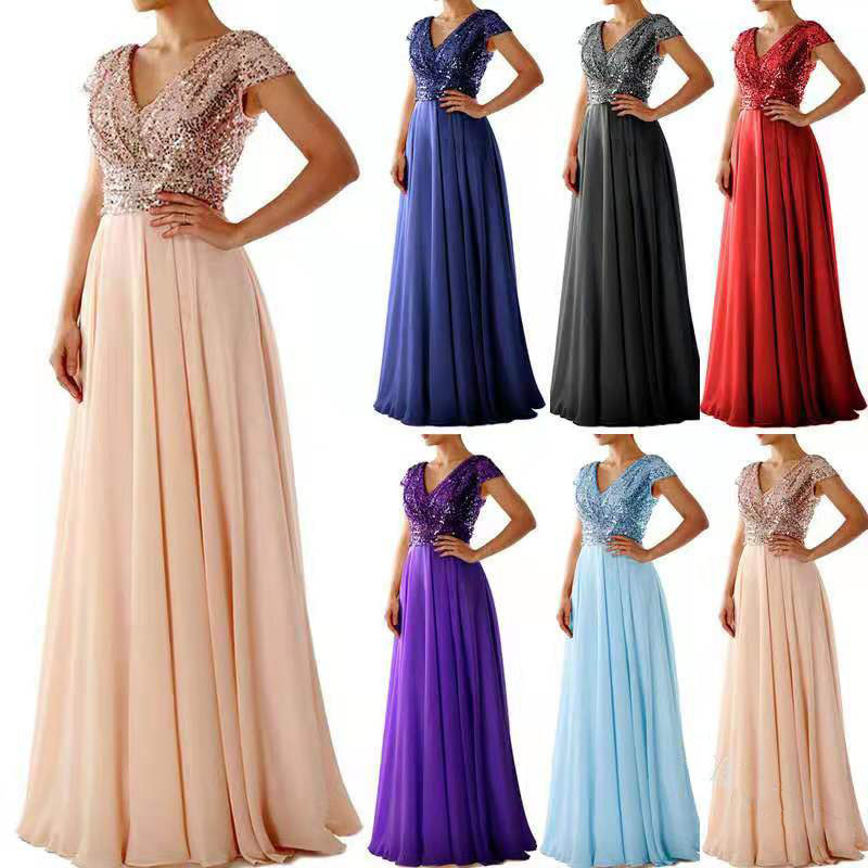 2025 New Summer Export Dress Wish Amazon New V Neck Sequined Chiffon Splicing Evening Dress Long Skirt