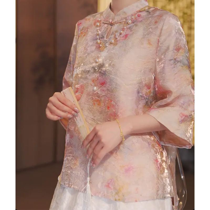 New Chinese-Style National Style Short-Sleeve T-Shirt for Women, Thin Summer New Model, Stand Collar Floral Print Base Shirt, Versatile Loose Fit, Flattering Top New Chinese-Style National Style Short-Sleeve T-Shirt for Women, Thin Summer New Model, Stand Collar Floral Print Base Shirt, Versatile Loose Fit, Flattering Top