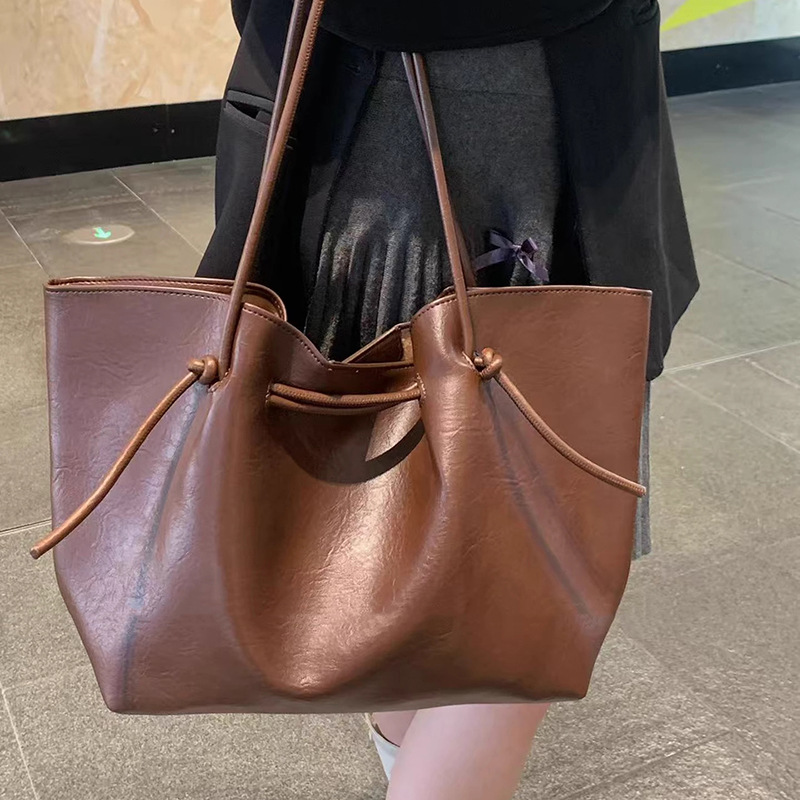 Luxury Vintage Lace-up Tote Bag for Women 2025 Autumn/Winter Large Capacity PU Leather Shoulder Bag Fashion Handbag - Thumbnail 7