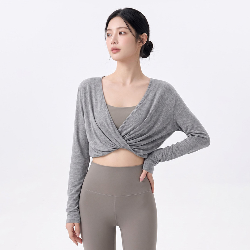 Women's autumn sports top, loose-fitting, slimming, lightweight, short-length, long-sleeved fitness, Pilates training, yoga t-shirt