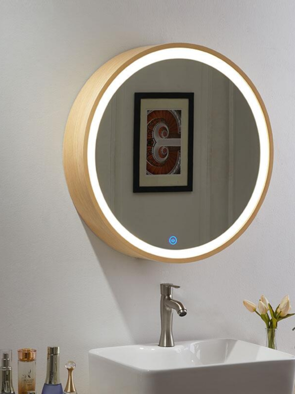 Round Bathroom Mirror Cabinet with Light Solid Wood Smart Mirror Box Anti-Fog Storage Bathroom Makeup Wall-Mounted Round Mirror Wall-Mounted