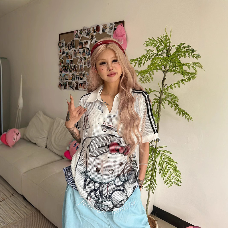 Dropshipping New American Retro Summer Hollow-Out Sun Protection Shirt for Women, V-Neck Kt Cat T-Shirt, Women's Printed Short-Sleeve T-Shirt Dropshipping New American Retro Summer Hollow-Out Sun Protection Shirt for Women, V-Neck Kt Cat T-Shirt, Women's Printed Short-Sleeve T-Shirt
