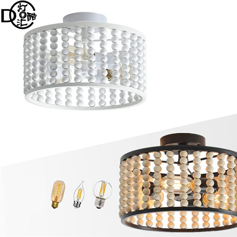 Amazon creative personality round wooden bead ceiling lamp retro bedroom kitchen island restaurant bohemian lamps