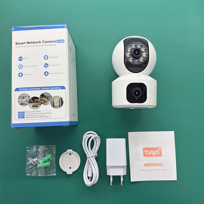 Cámara de Seguridad de Doble Lente WiFi ABS Visión Nocturna HD a Color para Interior