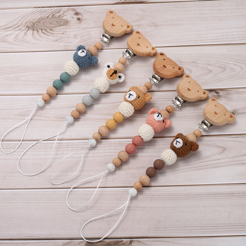 Handmade wool crochet cartoon animal teether cute animal head pacifier clip chain anti-drop chain