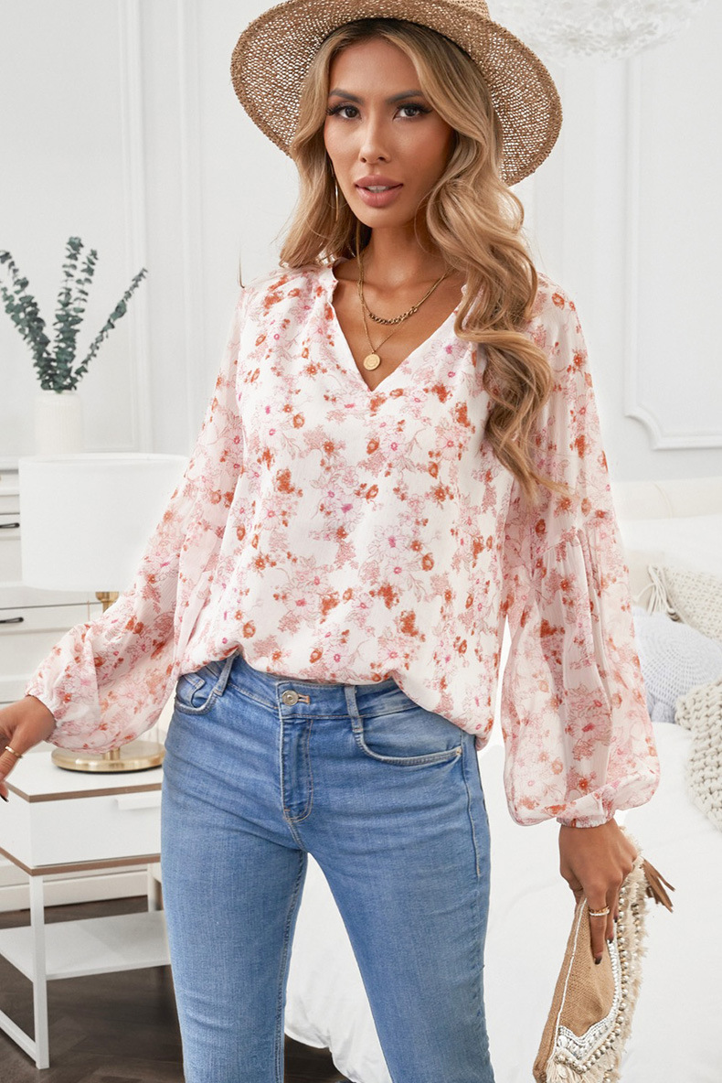 V-neck long-sleeved floral chiffon top nihaostyles wholesale clothing NSQSY86574