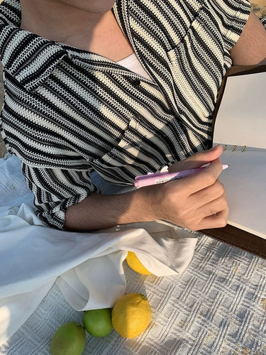 American Retro Striped Short-Sleeve Shirt Men's Summer Streetwear Brand High Street Casual Colorblock Knit Cardigan Sweatshirt