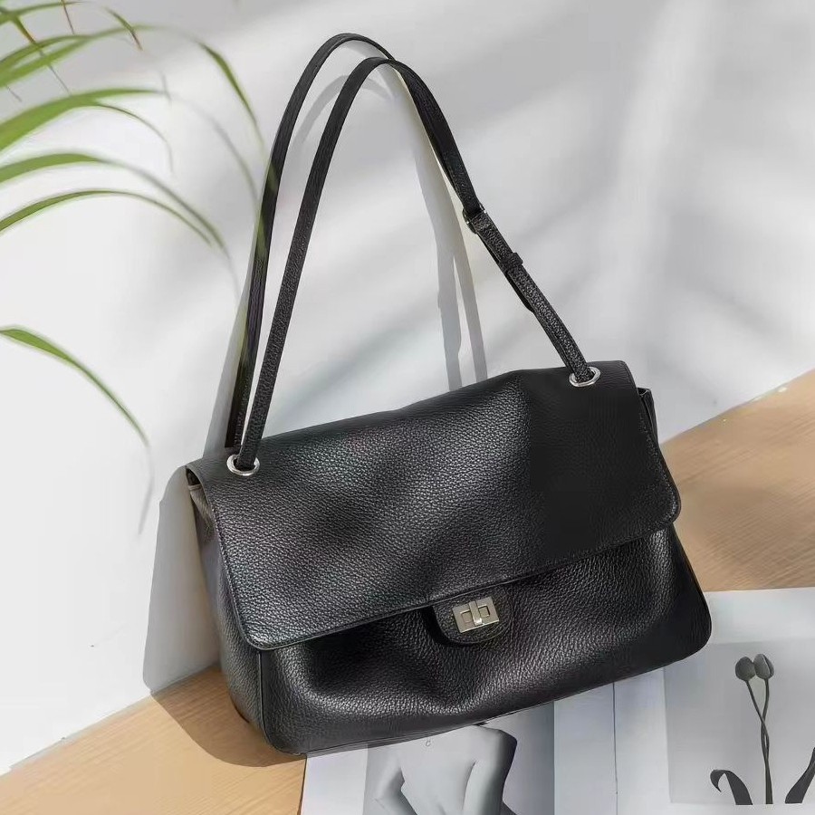 Xiangfeng high-end fashion solid color leather laptop bag, large-capacity commuter shoulder bag, underarm bag, tote bag, baguette bag for women